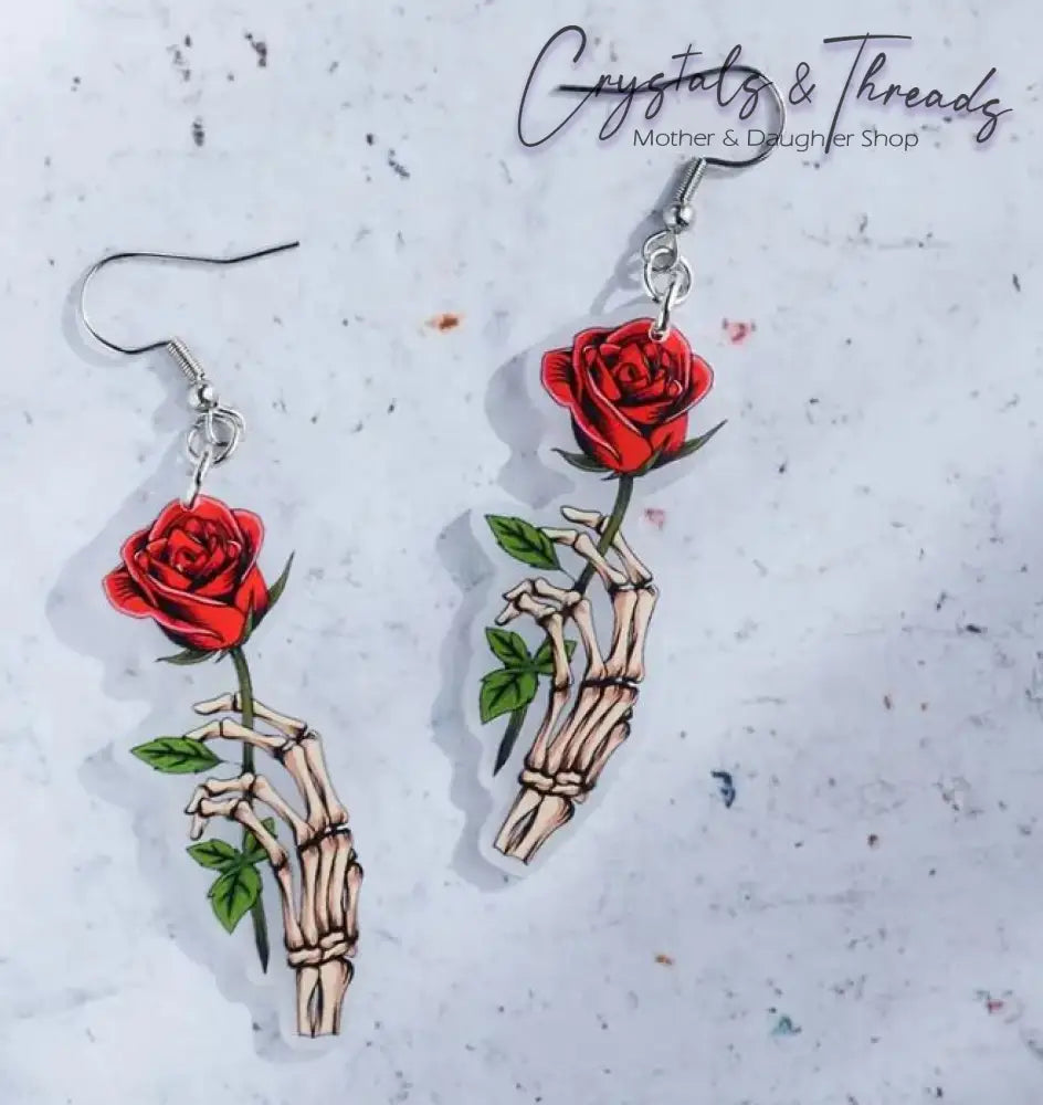Skeleton Holding A Rose Earrings Jewlery