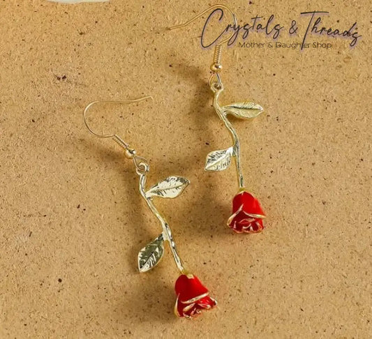 Gold Red Stem Rose Earrings Jewlery