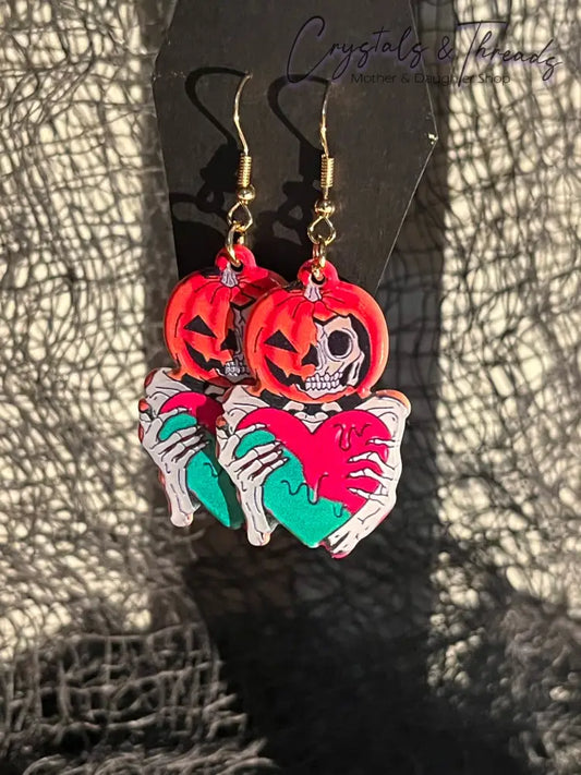 Pumpkin Skeleton Heart Earrings Jewlery